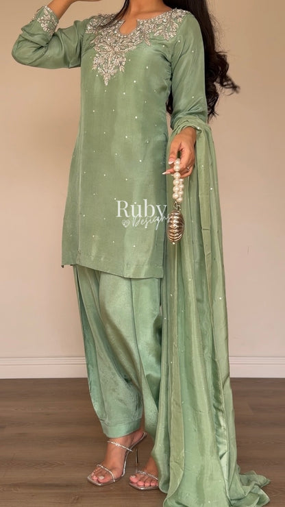 MARWA - 3 Piece Sage Green Silk Suit with Shalwar