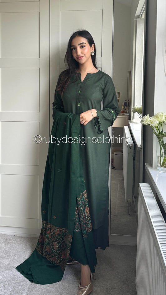 ZEHRA - 3 Piece Forest Green Marina Suit with Embroidered Pashmina Shawl