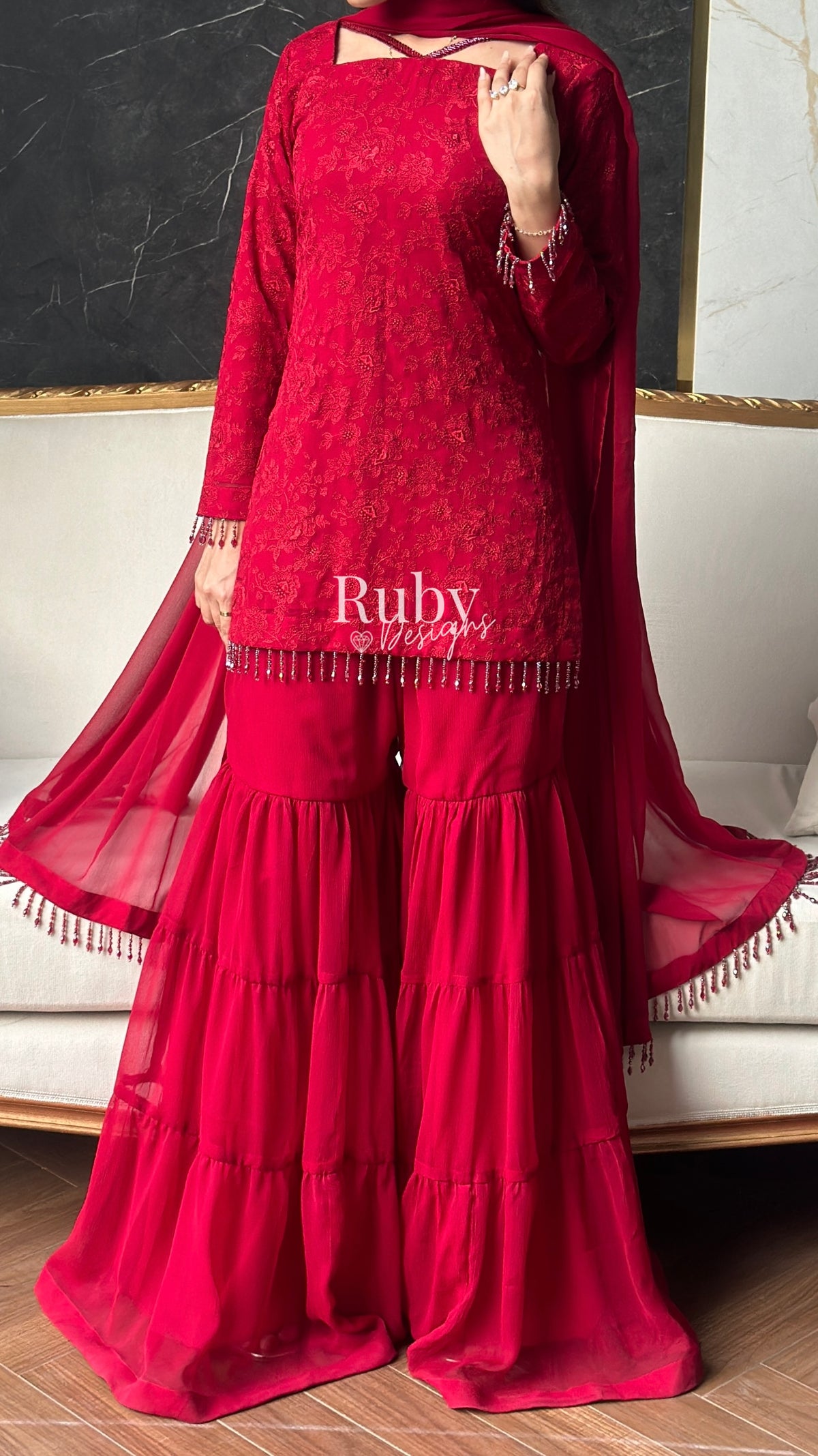 FARYAL Rouge - 3 Piece Chiffon Suit with Tiered Sharara