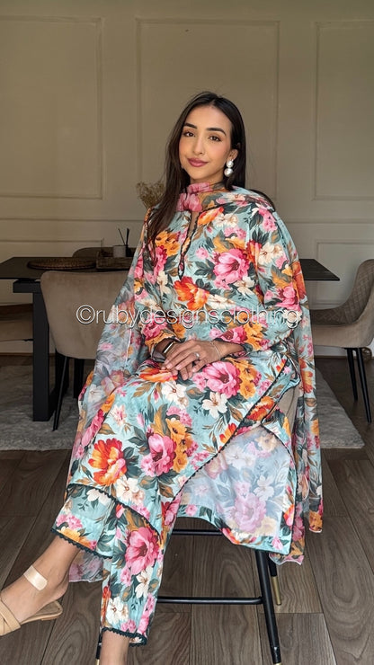 Peach Bloom - 3 Piece Swiss Lawn Suit with Silk Dupatta