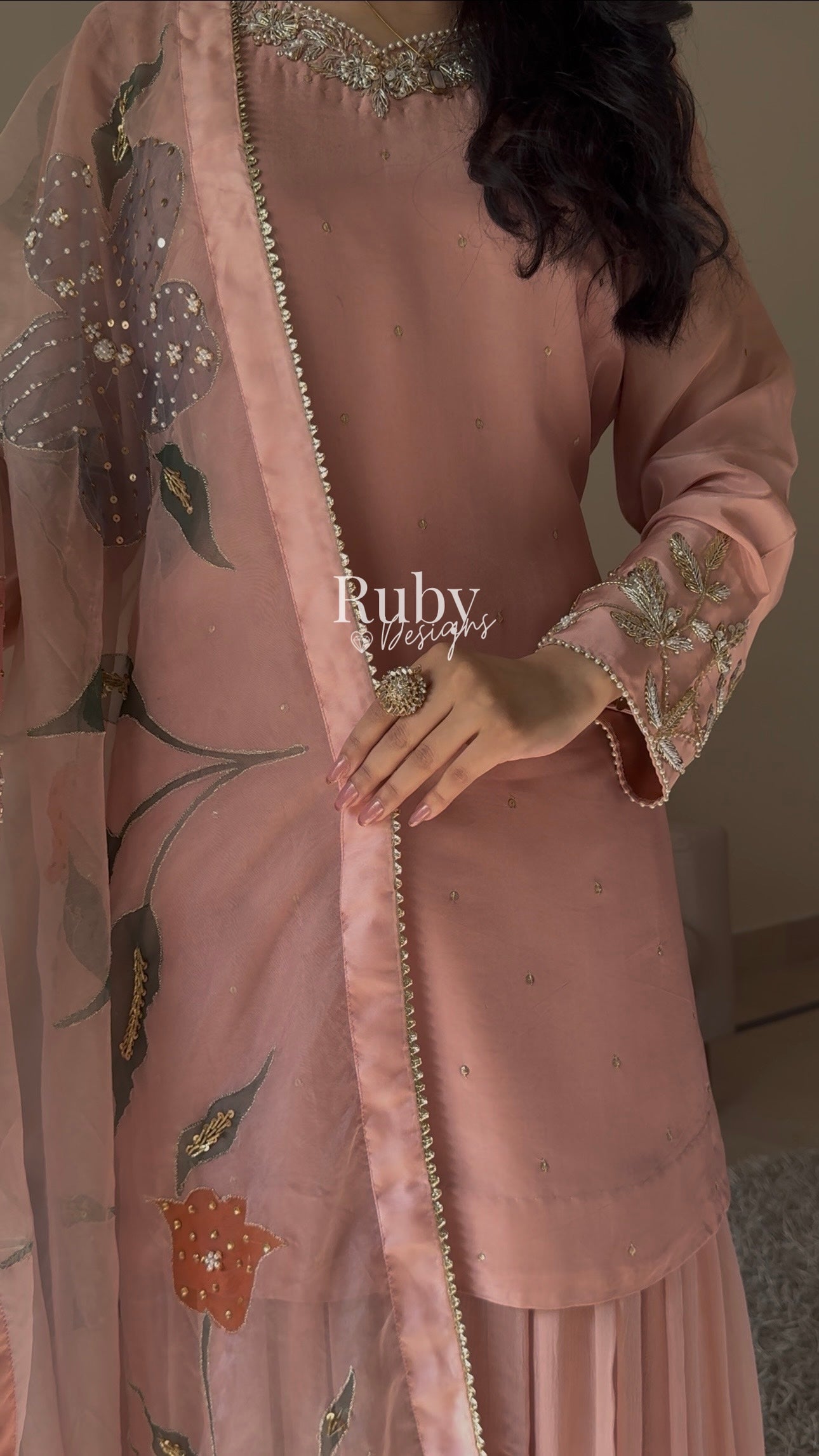 ZAIRA Rose - 3 Piece Chiffon Sharara Suit with Hand Painted Dupatta