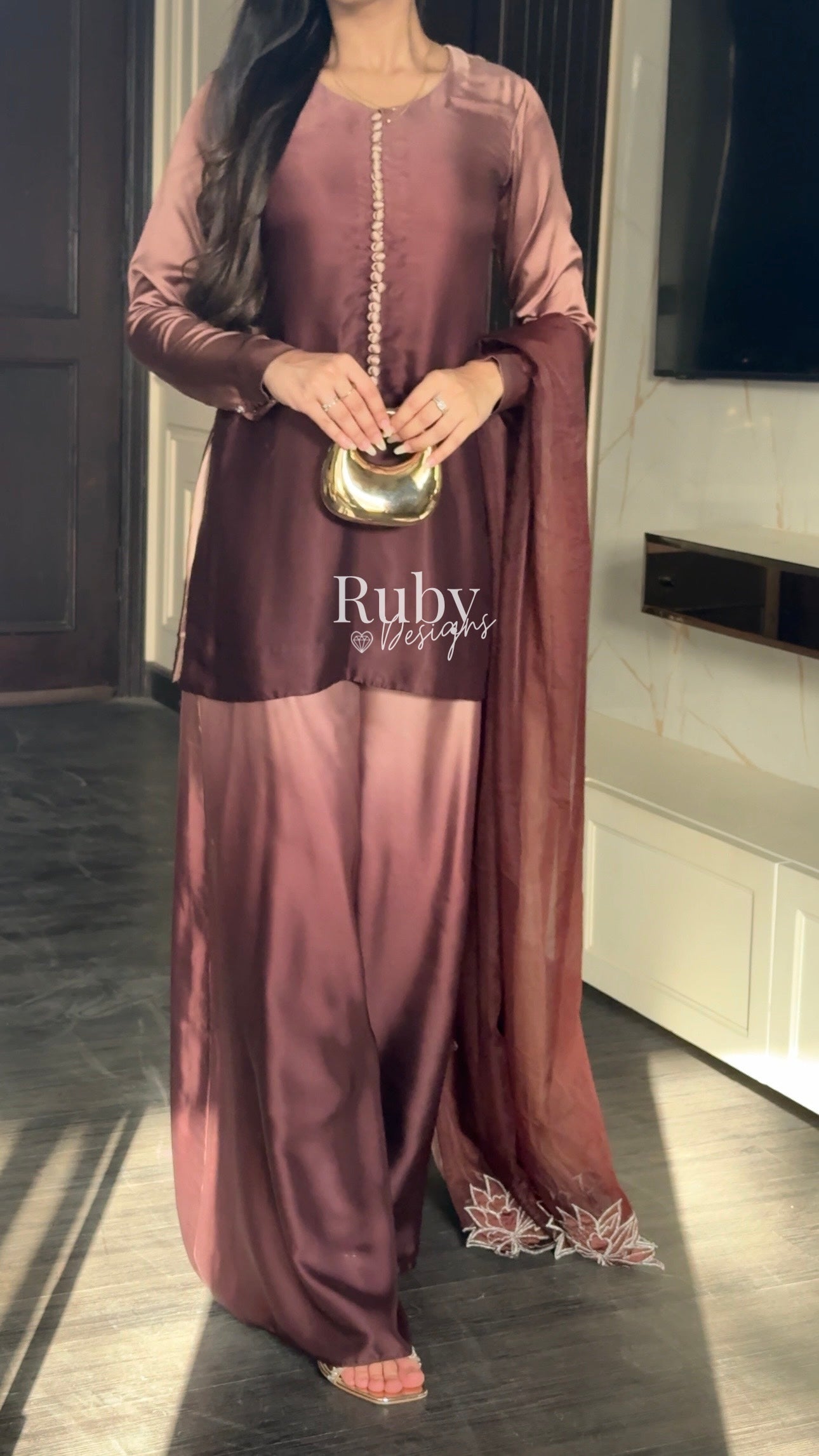FIHA Mocha - 3 Piece Ombrè Silk Suit with Flowy Wide Pants