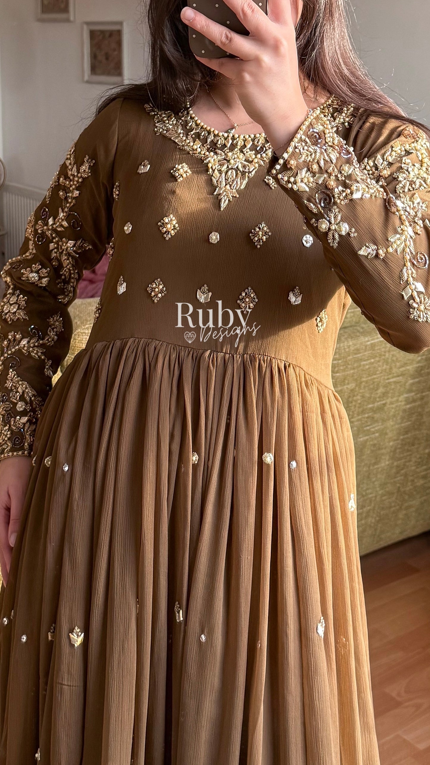 NAYRA Style 1 (Dress) - 3 Piece Khaki Chiffon Dress with Kiran Lace Dupatta and Churidaar Trousers