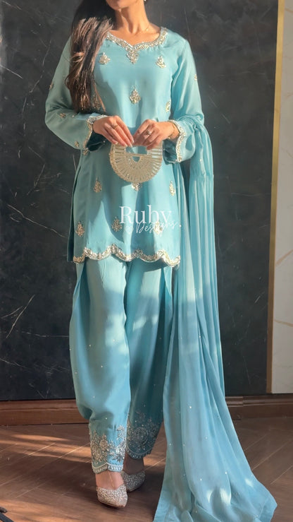 ATIFA Sky - 3 Piece Silk Suit with Shalwar