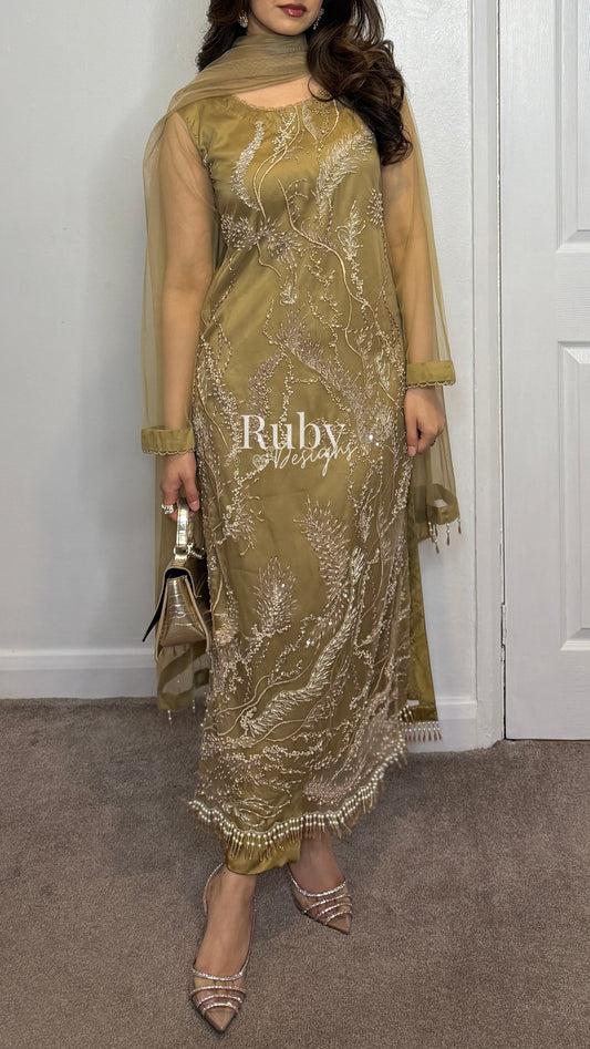 FOZIA - 3 Piece Olive-Gold Net Suit with Tassel Detail