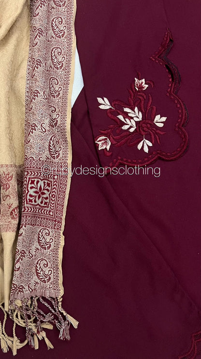 RIHAM - 3 Piece Maroon Marina Suit with Shawl