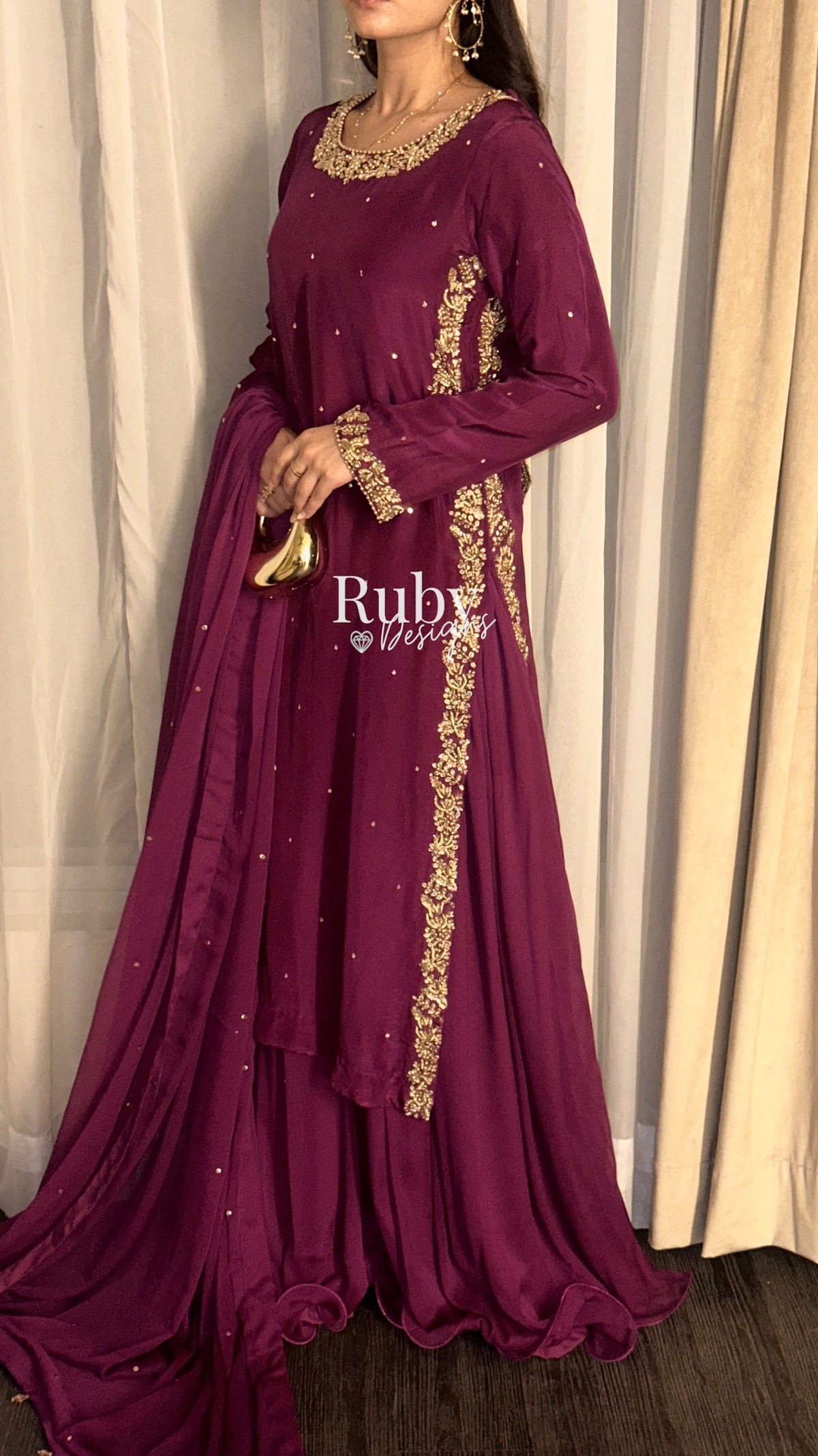 ZAINA Mulberry - 3 Piece Silk Suit with Gold Handwork