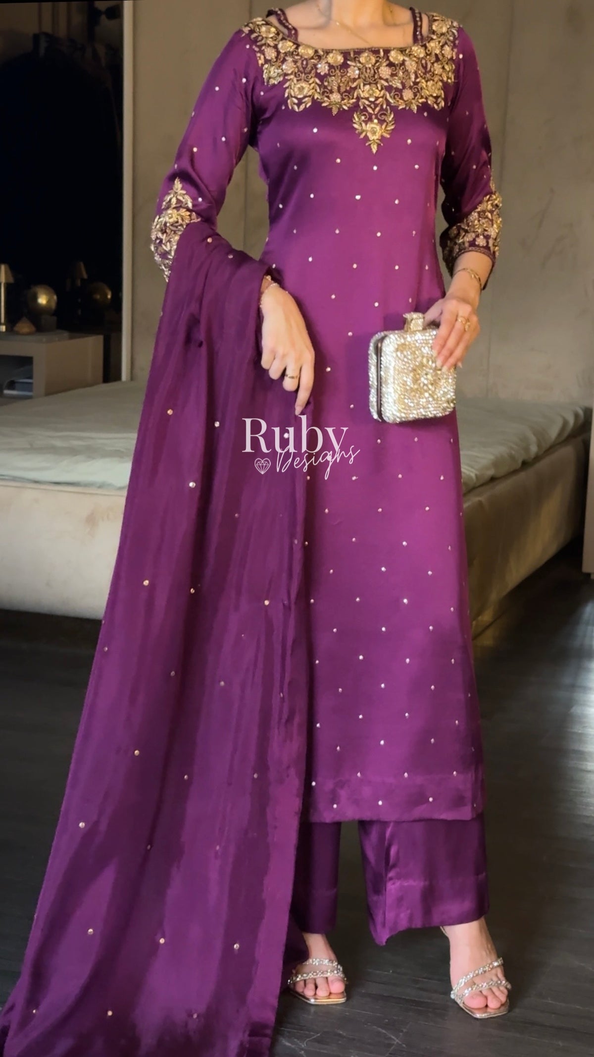 HANIA Plum - 3 Piece Silk Suit with Straight Trouser