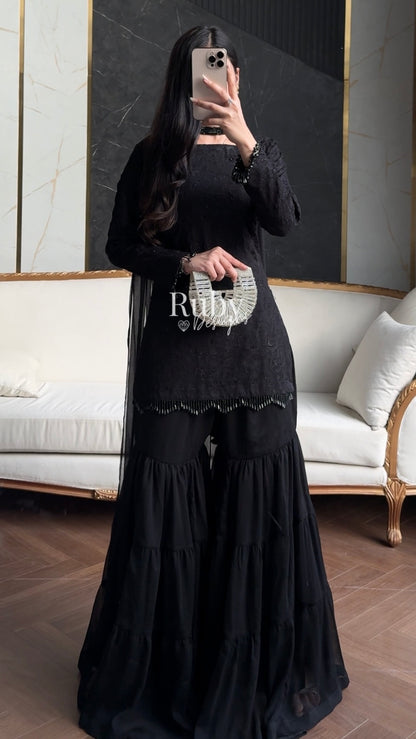 FARYAL Noir - 3 Piece Chiffon Suit with Tiered Sharara
