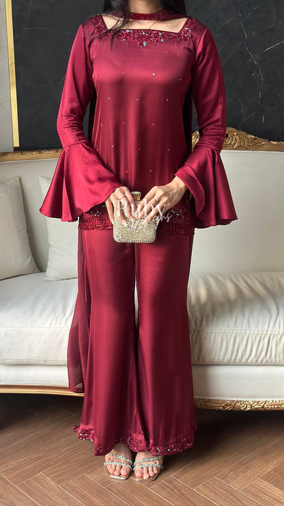 KAREENA Rouge - 3 Piece Silk Suit with Crystal Choker Dupatta