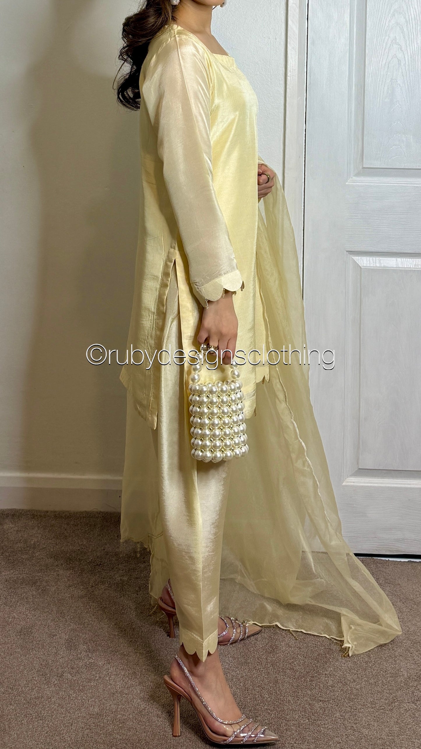 HAYAT Butter - 3 Piece Silk Suit with Skinny Shalwar