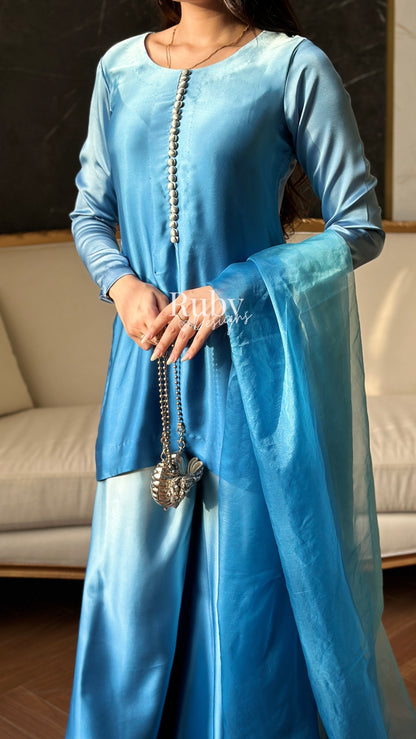 FIHA Azure - 3 Piece Ombrè Silk Suit with Flowy Wide Pants