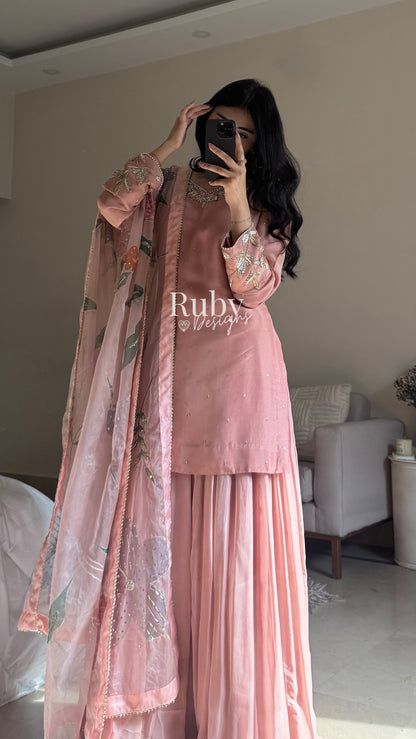 ZAIRA Rose - 3 Piece Chiffon Sharara Suit with Hand Painted Dupatta