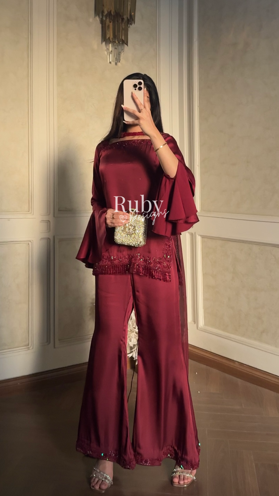 KAREENA Rouge - 3 Piece Silk Suit with Crystal Choker Dupatta