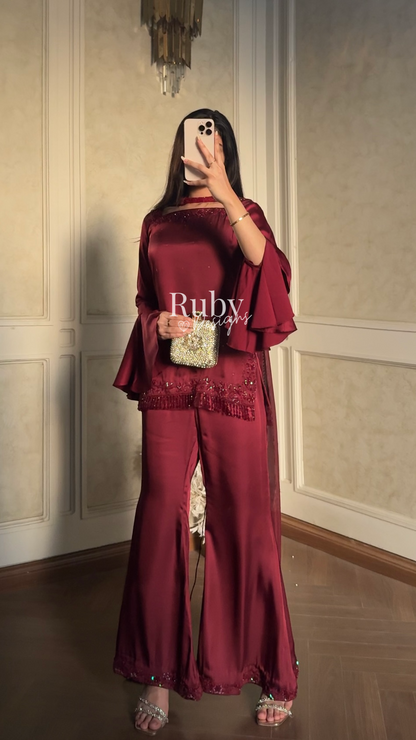 KAREENA Rouge - 3 Piece Silk Suit with Crystal Choker Dupatta
