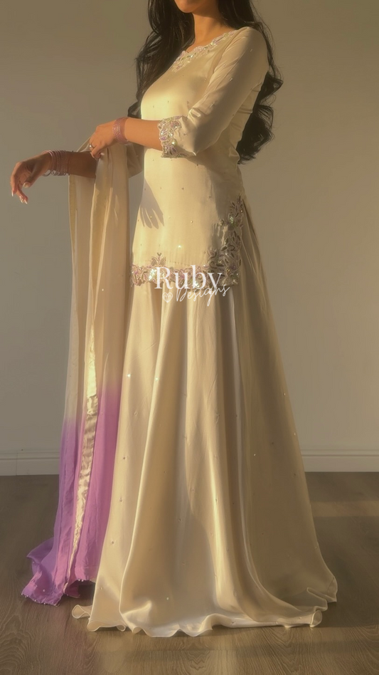 AMEERA - 3 Piece Off-White Silk Suit with Ombrè Dupatta