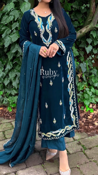 LINA - 3 Piece Teal Luxury Velvet Suit with Gold Handwork