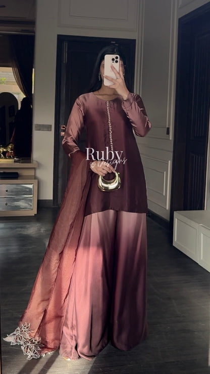 FIHA Mocha - 3 Piece Ombrè Silk Suit with Flowy Wide Pants