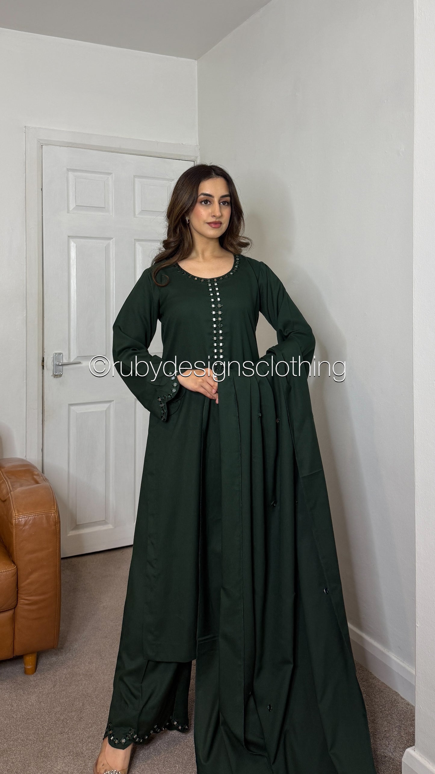 HANIA - 3 Piece Forest Green Marina Suit with Shawl