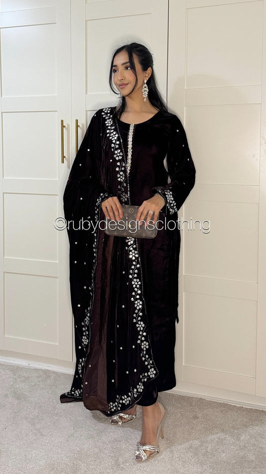 AZIZA - 3 Piece Luxury Velvet Suit with Mukaish Work