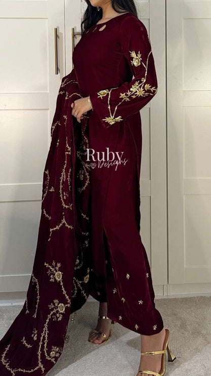 RAISA Cherry - 3 Piece Luxury Velvet Suit with Heavy Embellished Shawl
