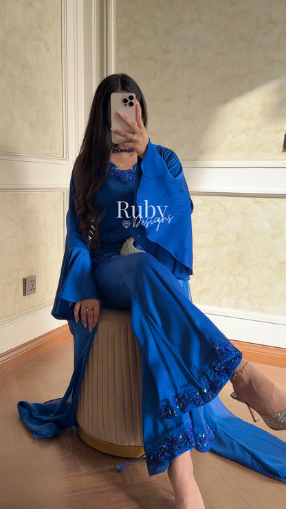 KAREENA Blue - 3 Piece Silk Suit with Crystal Choker Dupatta