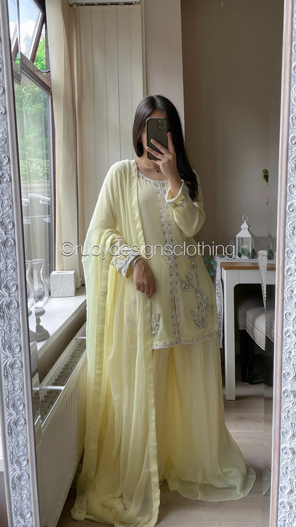 AROOSA Lemon - 3 Piece Chiffon Sharara with Handwork (8646795821269)