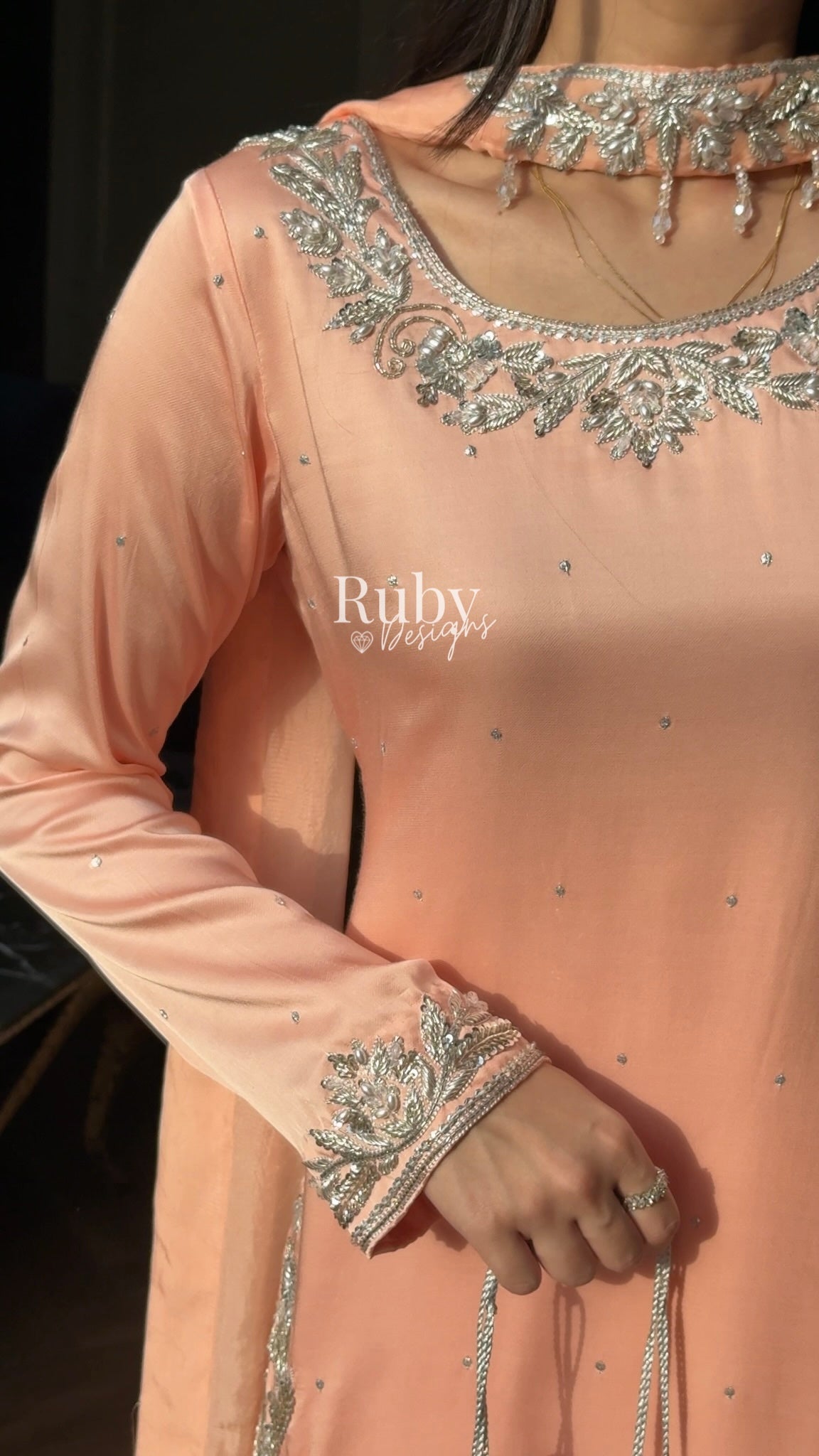 PARISA Peach - 4 Piece Silk Suit with Matching Potli Bag
