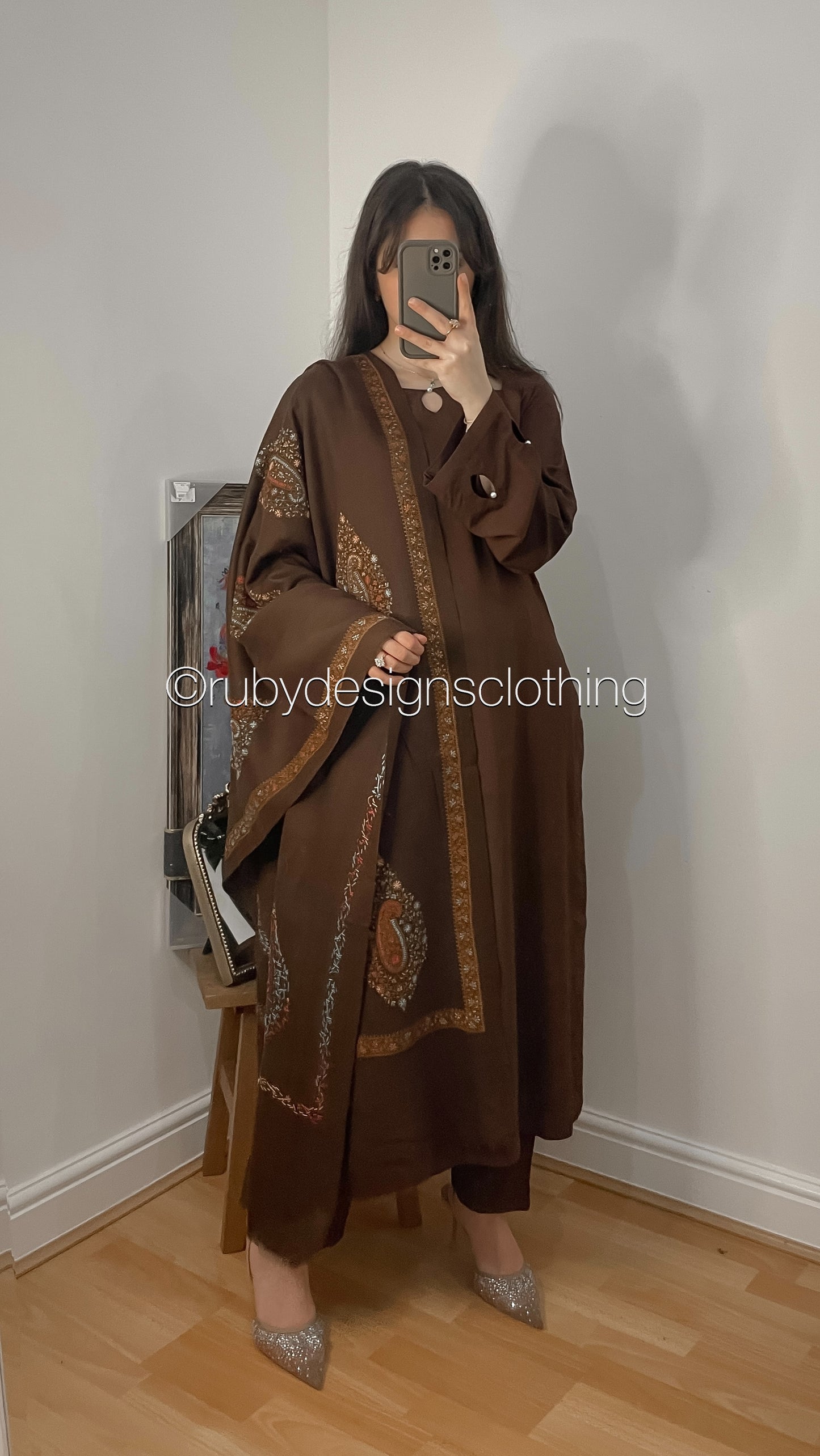 MIRA Brown - 3 Piece Linen Suit with Embroidered Shawl