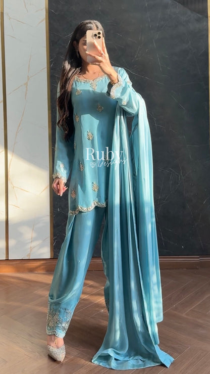 ATIFA Sky - 3 Piece Silk Suit with Shalwar
