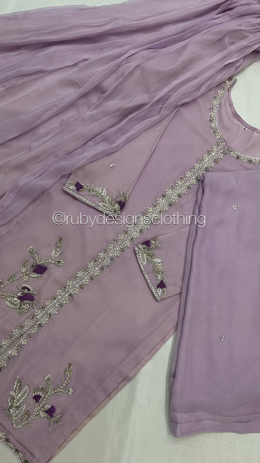 AROOSA Lilac - 3 Piece Chiffon Sharara with Handwork (8748561531093)