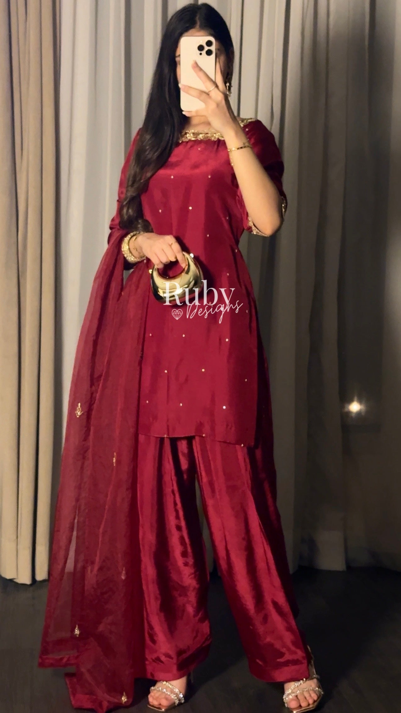 MEHER Rouge - 3 Piece Silk Suit with Farshi Shalwar