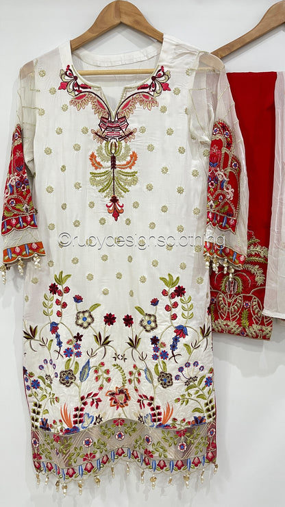 3 Piece ANAYA Inspired White and Red Embroidered Suit (8748139643093)