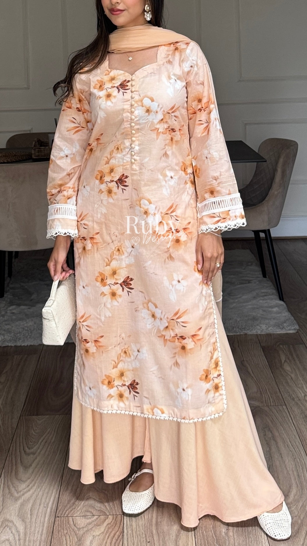 ANABIA - 3 Piece Peach Swiss Lawn Suit with Chiffon Dupatta