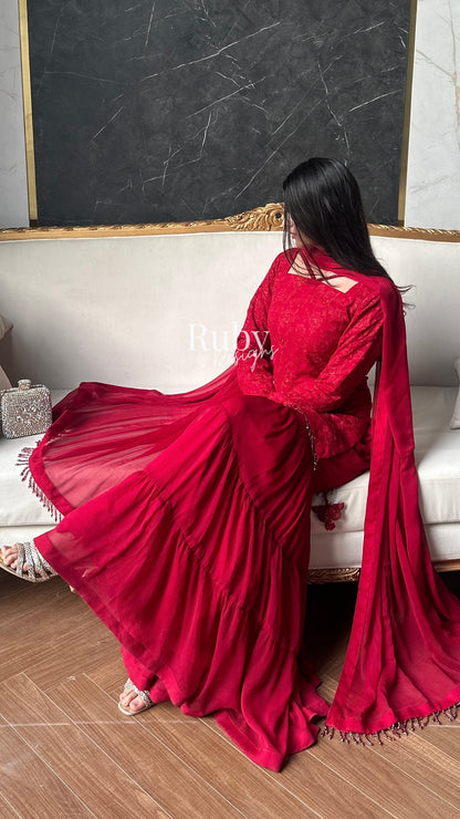 FARYAL Rouge - 3 Piece Chiffon Suit with Tiered Sharara