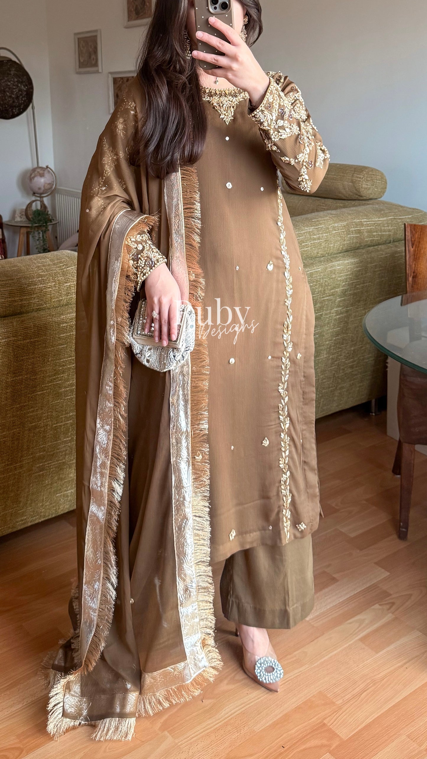 NAYRA Style 2 (Long Shirt) - 3 Piece Khaki Chiffon Suit with Trouser