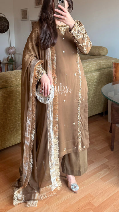 NAYRA Style 2 (Long Shirt) - 3 Piece Khaki Chiffon Suit with Trouser