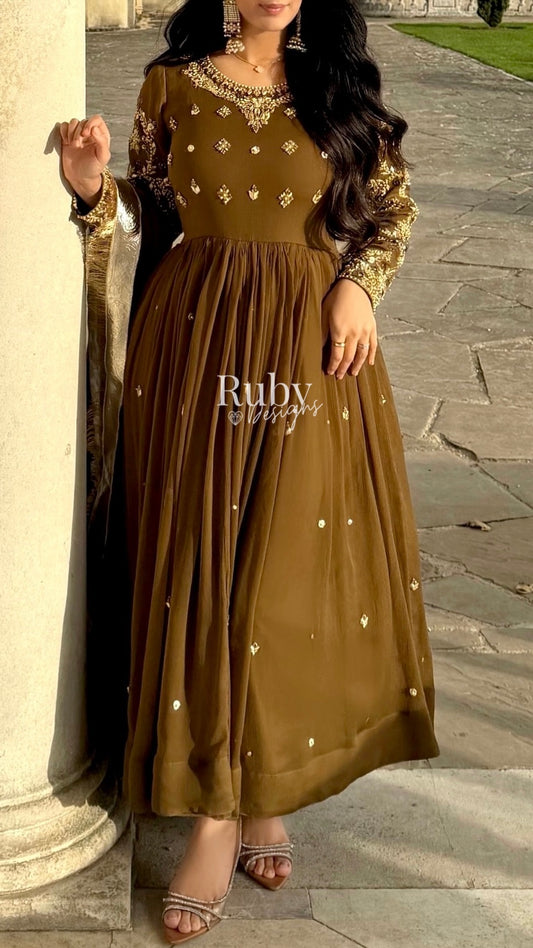 NAYRA Style 1 (Dress) - 3 Piece Khaki Chiffon Dress with Kiran Lace Dupatta and Churidaar Trousers