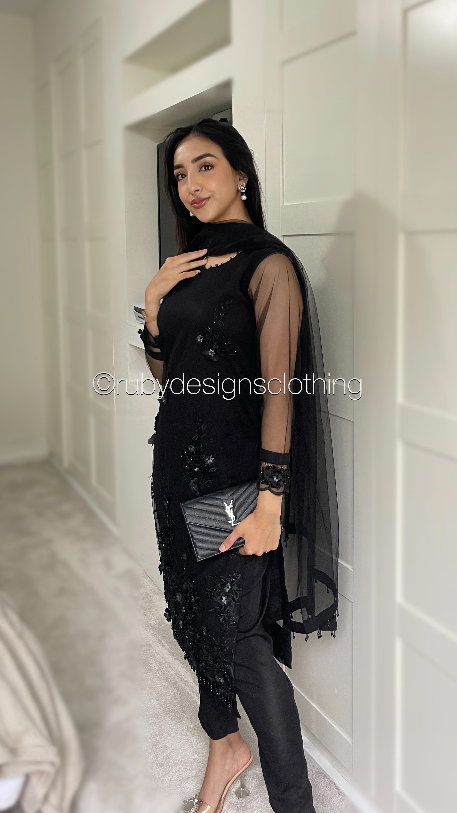 AREEBA - 3 Piece Jet Black Net Suit with 3D Details (8739067855061)