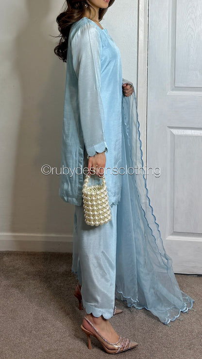 HAYAT Sky - 3 Piece Silk Suit with Skinny Shalwar