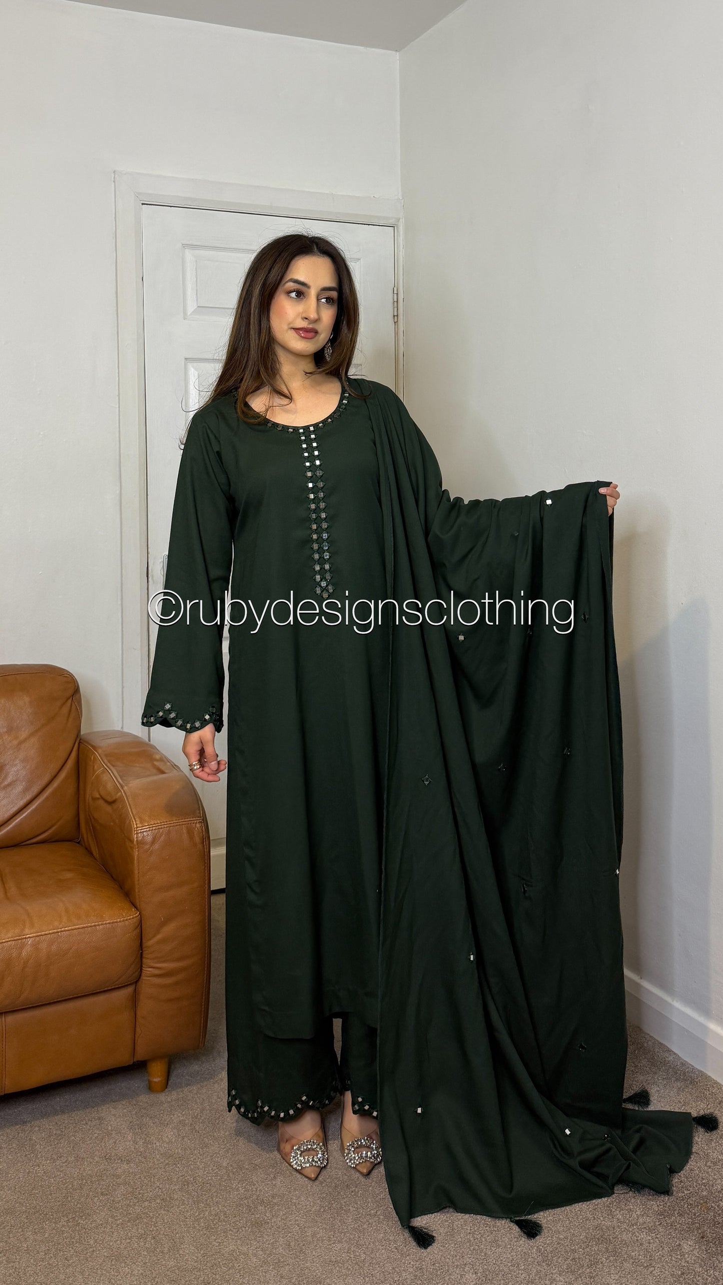 HANIA - 3 Piece Forest Green Marina Suit with Shawl