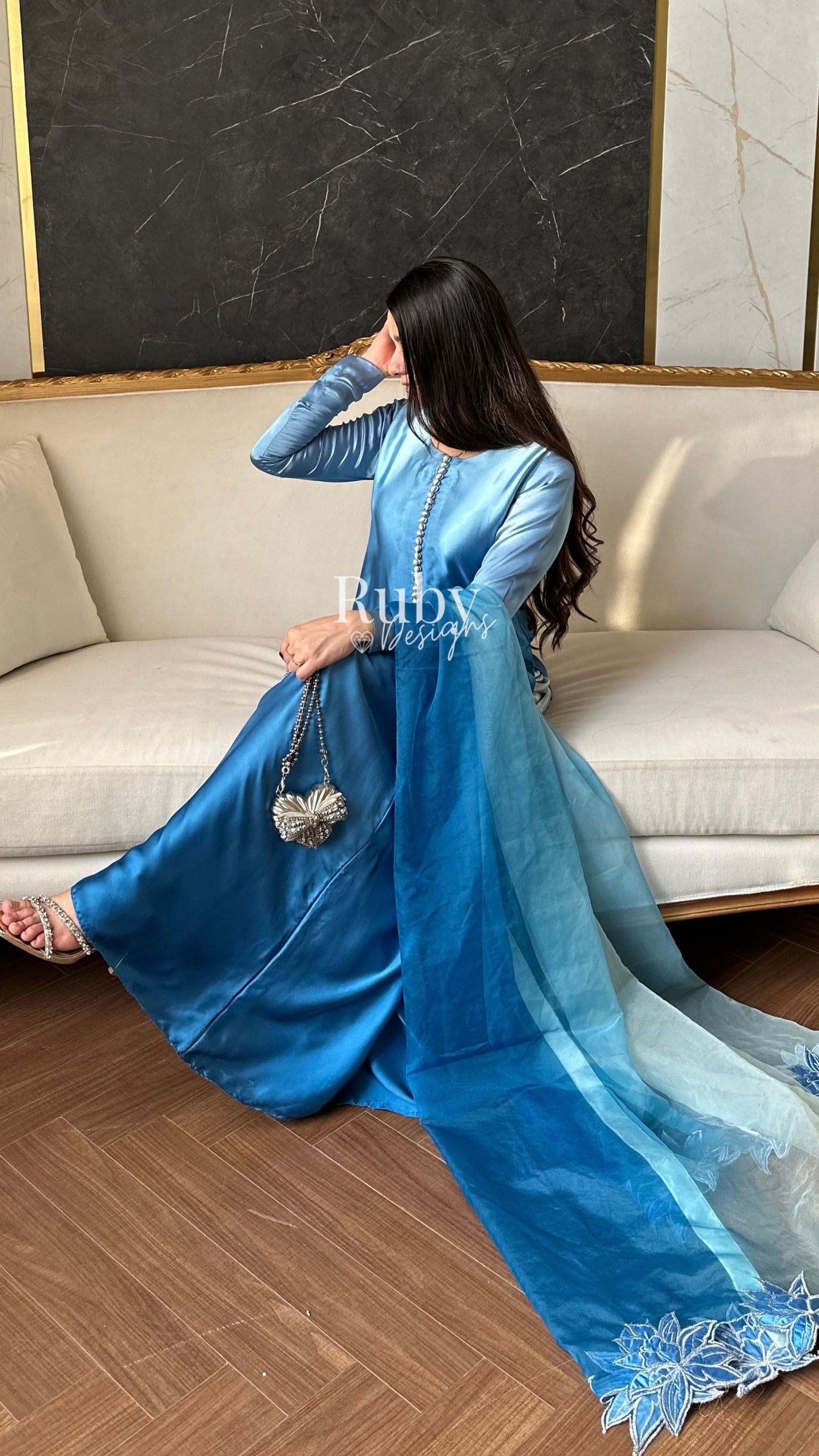 FIHA Azure - 3 Piece Ombrè Silk Suit with Flowy Wide Pants