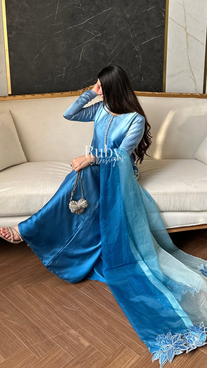 FIHA Azure - 3 Piece Ombrè Silk Suit with Flowy Wide Pants