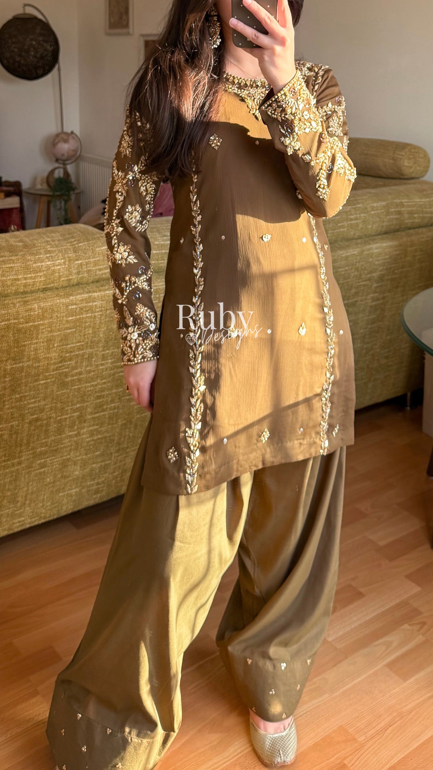 NAYRA Style 3 (Short Shirt) - 3 Piece Khaki Chiffon Suit with Shalwar