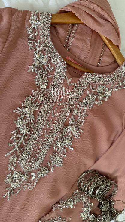 AREEN Blush - 3 Piece Chiffon Suit with Pearl and Stone Handwork