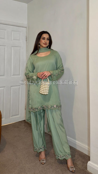 SAMAN Sage - 3 Piece Chiffon Suit with Embroidered Detailing