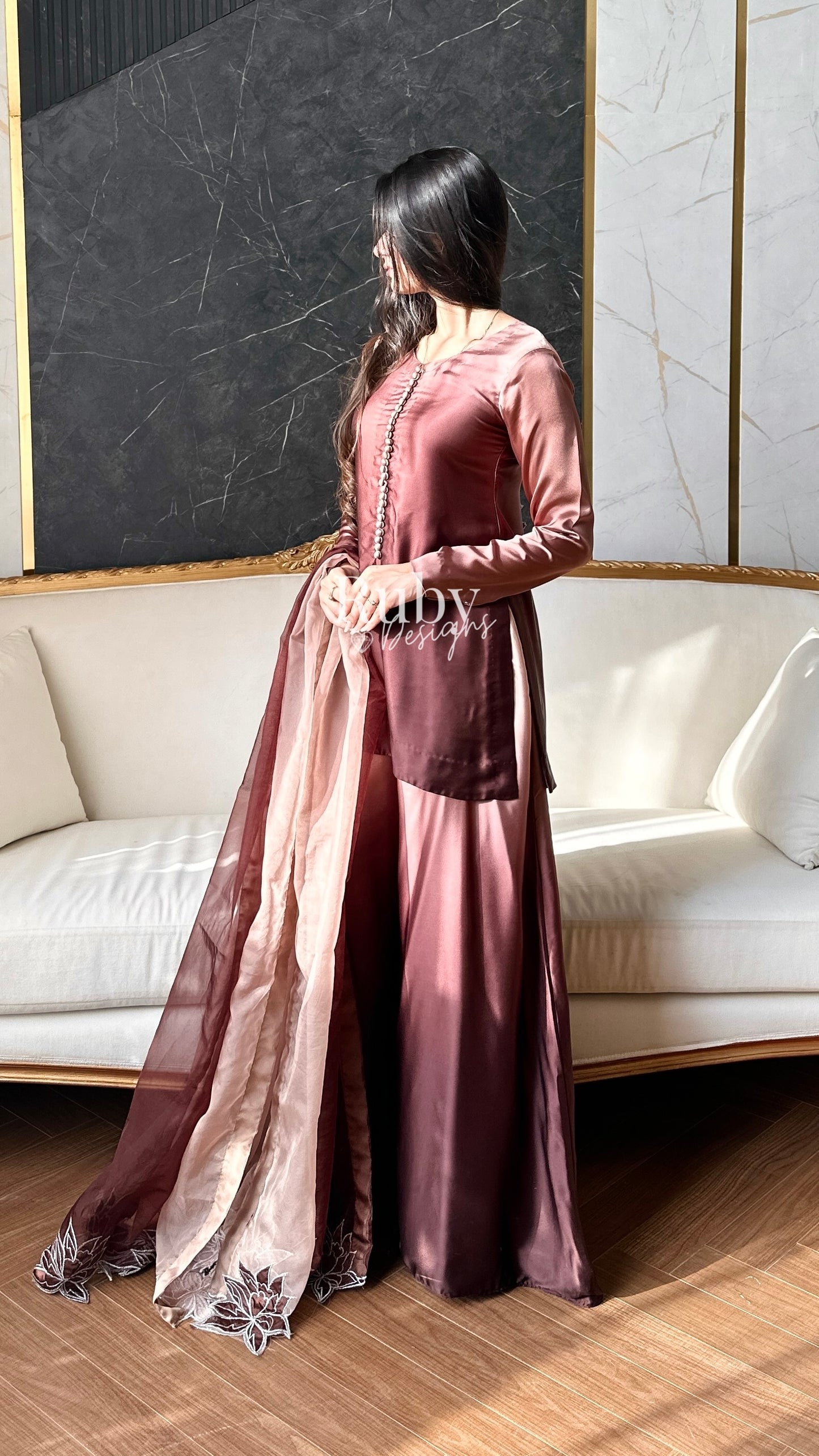 FIHA Mocha - 3 Piece Ombrè Silk Suit with Flowy Wide Pants