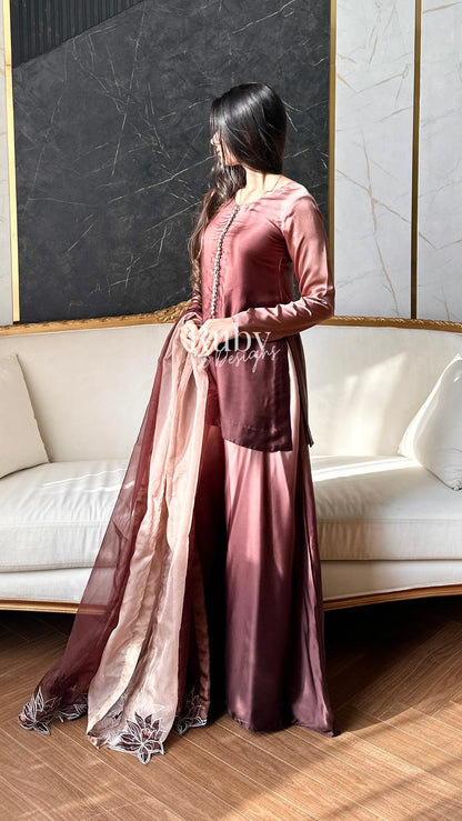 FIHA Mocha - 3 Piece Ombrè Silk Suit with Flowy Wide Pants