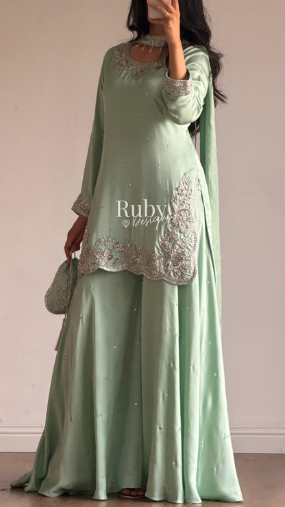 PARISA Sage - 4 Piece Silk Suit with Matching Potli Bag
