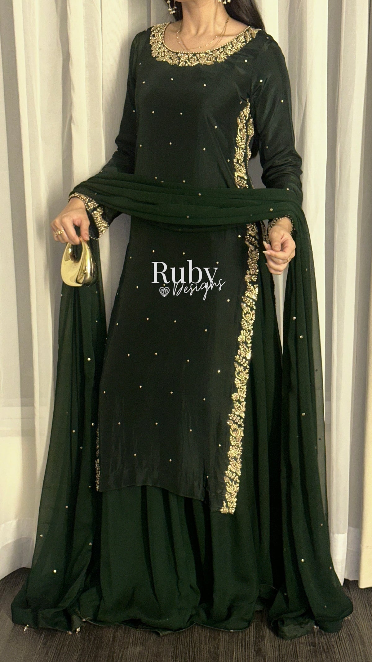 ZAINA Emerald - 3 Piece Silk Suit with Gold Handwork